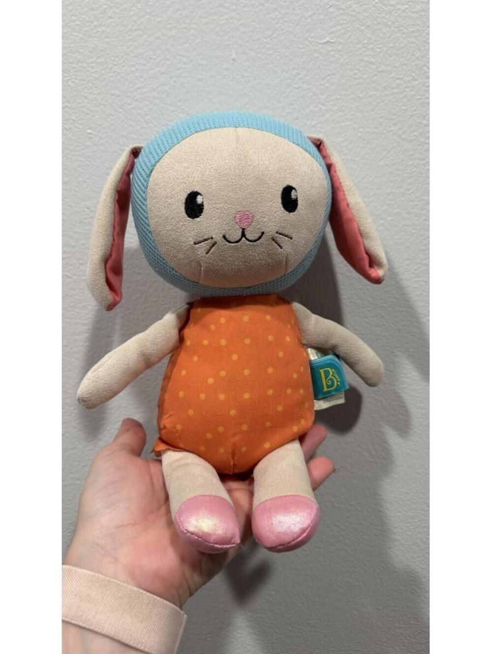 B. Toys Stuffed Bunny Rabbit Plush Orange Polka Dot Blue Knit Head 10 Inch